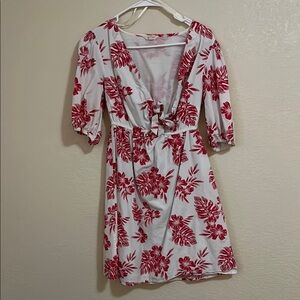 Red Floral Tie Front Ruffled Dress